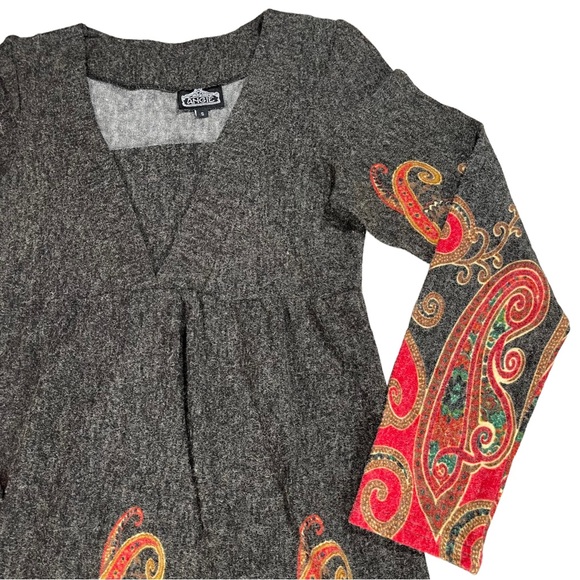 Angie size small red gold dark gray swirls/flames dress long sleeves vneck EUC - Picture 3 of 10
